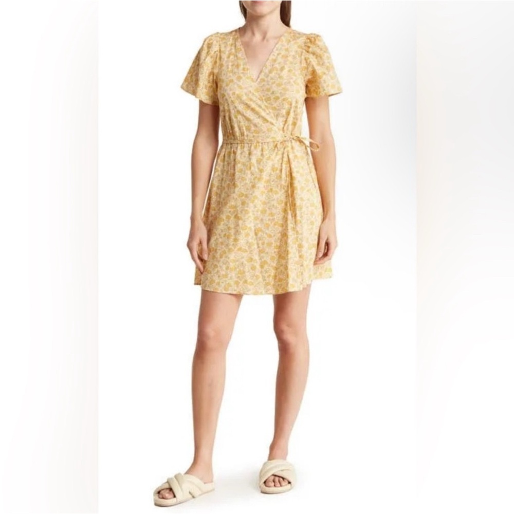 Madewell Fiore Floral Short Sleeve Mini Wrap Dress Large Yellow Flower